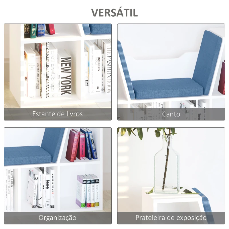 HOMCOM Estante para Livros com Banco Integrado e 6 Cubos Estante Infantil com Assento 102x30x61 cm Branco e Azul