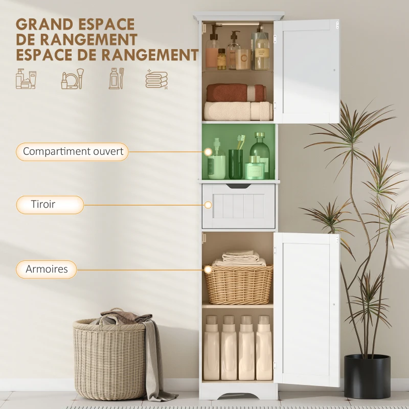 HOMCOM Meuble colonne salle de bain avec éclairage LED, meuble de rangement étroit, tiroir, 2 portes, 40x30x170cm, blanc