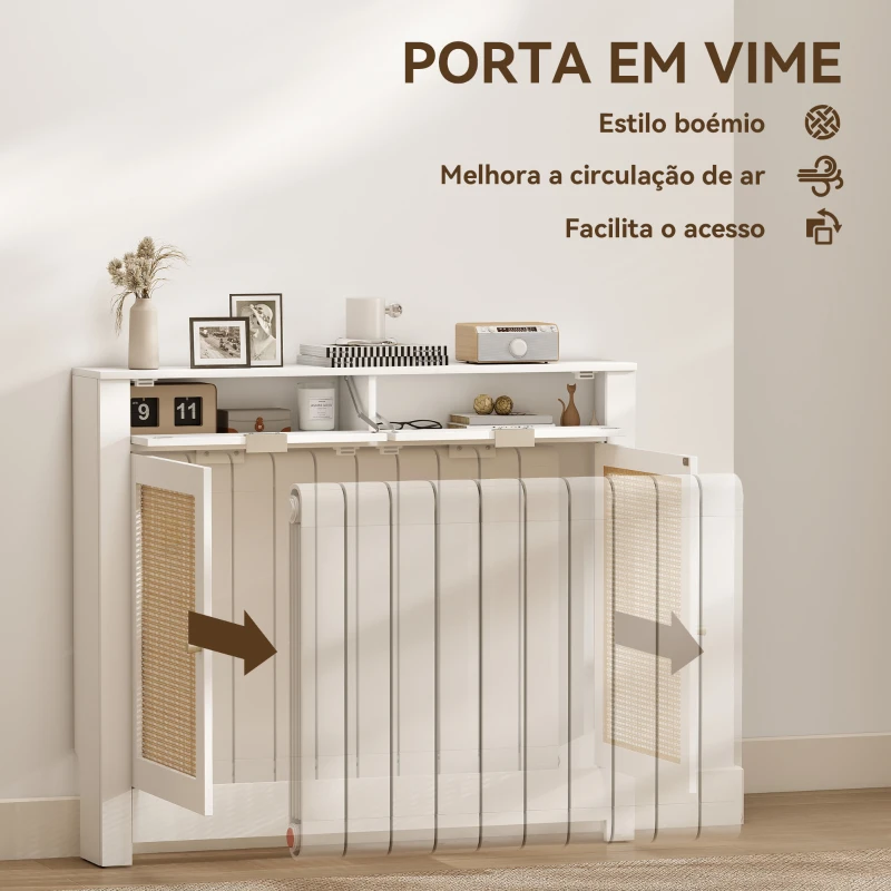 HOMCOM Cobertura para Radiador com Portas Rebatíveis e Vime Proteção Radiador de MDF 111x19x95,5 cm com Compartimento Desenho Boémio Branco