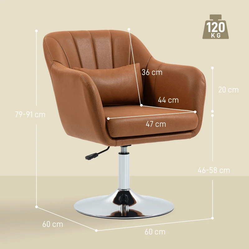 HOMCOM Swivel Accent Chair, Linen Fabric Tub Vanity Chair, Modern Armchair with Adjustable Height and Lumbar Support for Living Room Bedroom Salon Make up Room Dressing Table, Brown