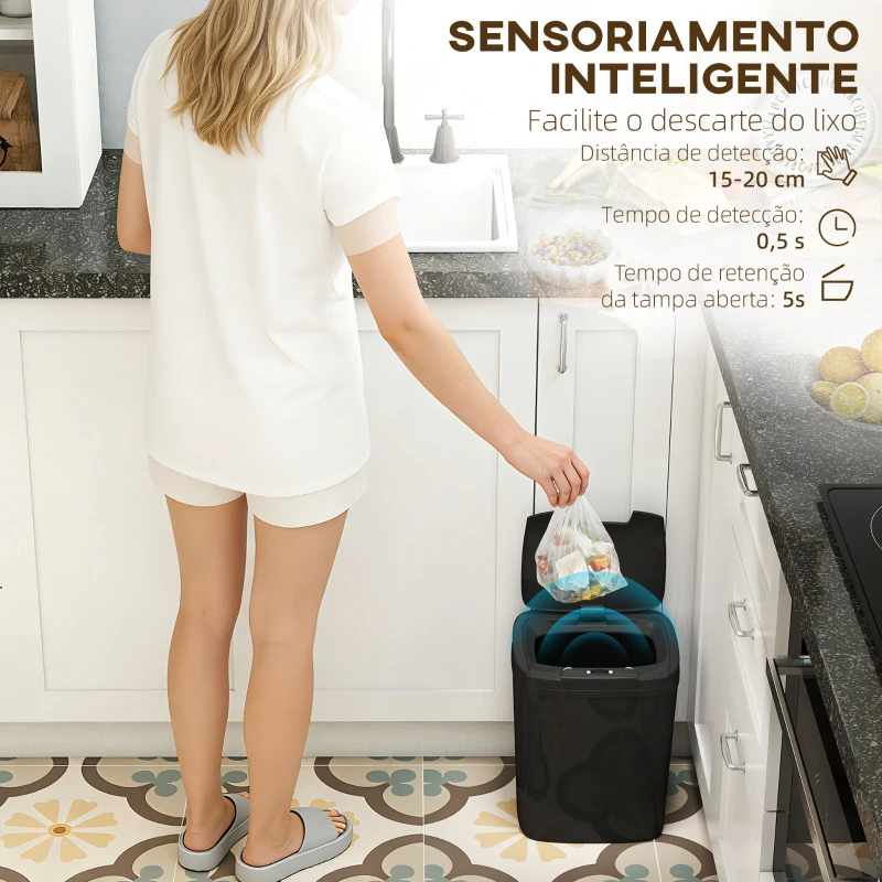 HOMCOM Balde de Lixo Automático 15L com Sensor Infravermelhos e Modo Manual Anel de Retenção Antimarcas 27,6x21,4x33,5 cm Preto