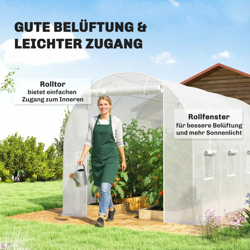 Outsunny Gewächshausfolie 4 x 2 m, wasserdicht Gartenfolie mit Tür, 8 Fenster, UV Schutz, Reißfest Polyethylen Weiß