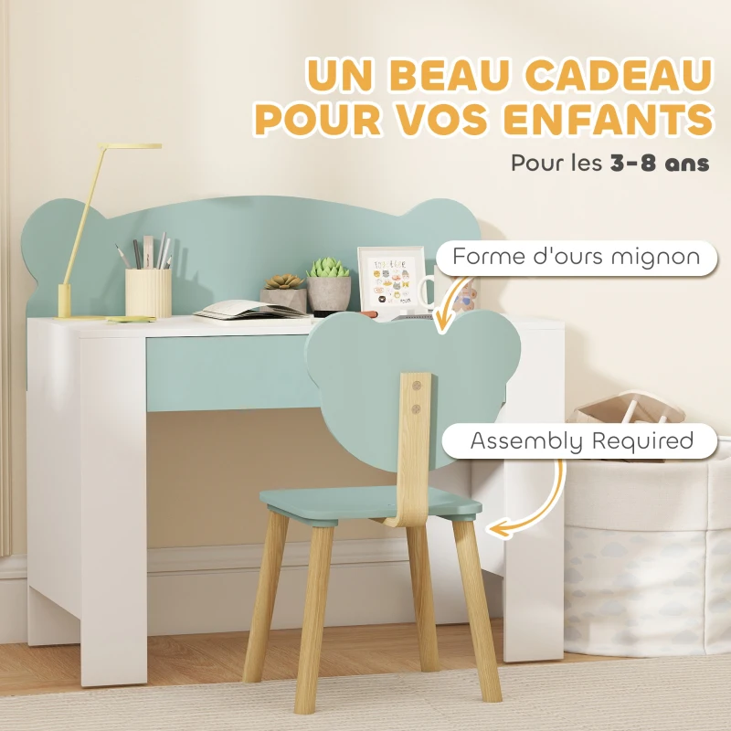 AIYAPLAY Bureau enfant avec chaise, table enfant et chaise avec tiroir et large plateau, 80 x 41 x 74,5 cm, vert