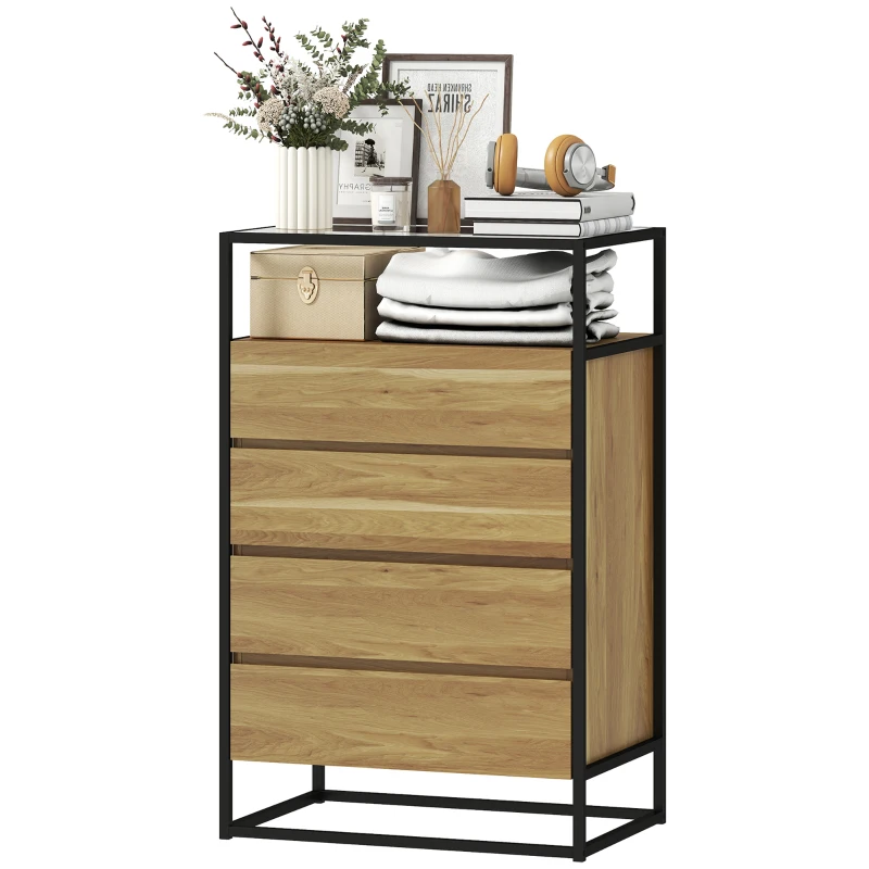 HOMCOM Cómoda 4 Gavetas Cómoda Quarto com Superfície de Vidro Temperado Prateleira Aberta Estrutura de Aço 60x40x94,5 cm Teca