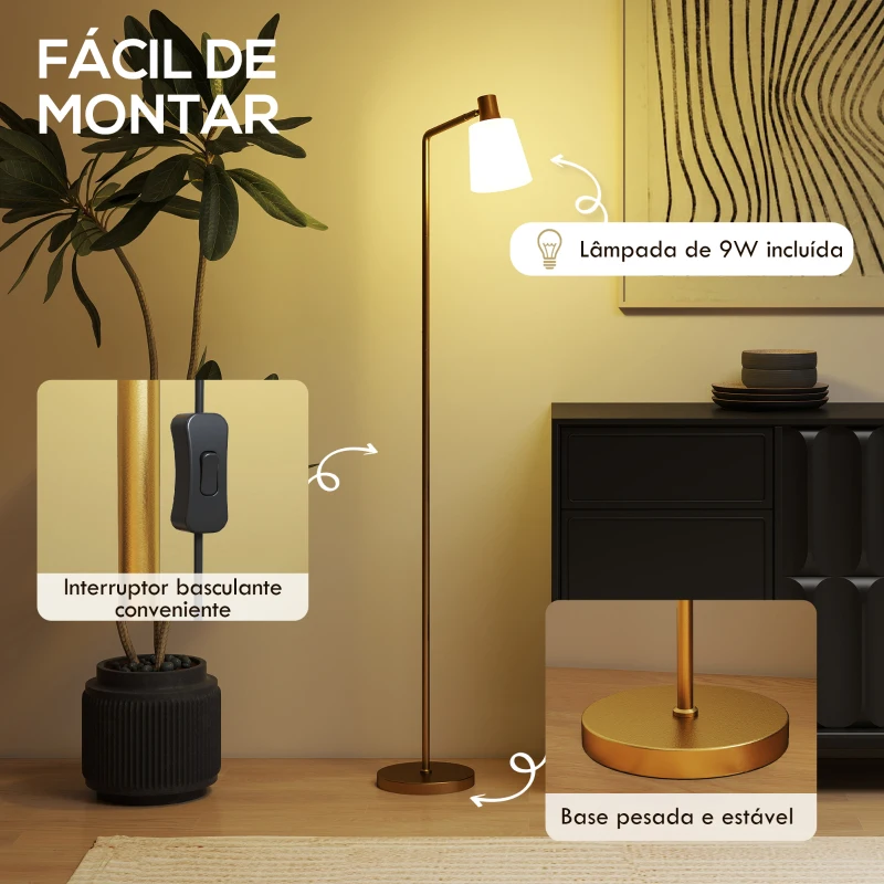 HOMCOM Candeeiro de Pé LED Regulável com Ecrã Giratório 350° 3 Temperaturas de Cor 3000K/4000K/6500K 45x21x148 cm Branco e Dourado