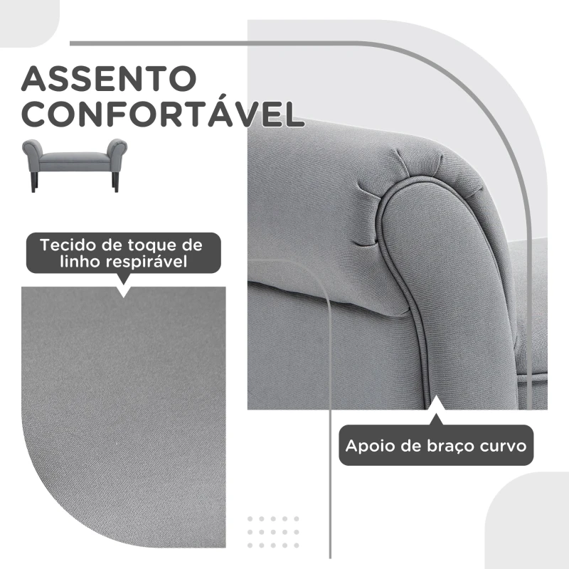 HOMCOM Banco de Pé de Cama Estofado em Linho Sintético com Pés de Madeira Braços e Assento Acolchoado Cinzento Escuro