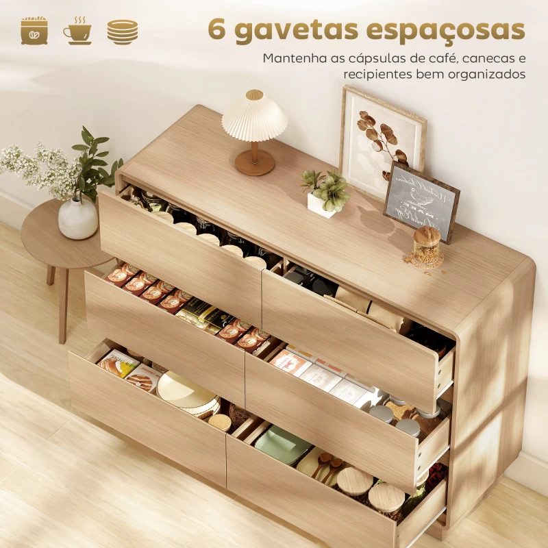 HOMCOM Cómoda com 6 Gavetas Bordos Arredondadas Cómoda para Sala Cozinha Entrada Escritório 120x38x86 cm Madeira