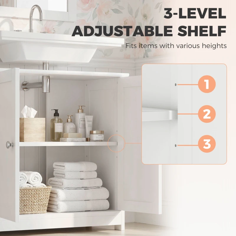 kleankin 60x60cm Under-Sink Storage Cabinet w/ Adjustable Shelf Handles Drain Hole Bathroom Cabinet Space Saver Organizer White