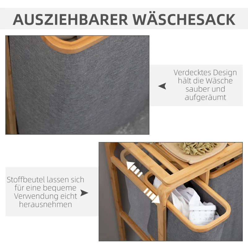 HOMCOM Wäschekorb aus Bambus , 3 abnehmbare Körbe 50 cm x 32 cm x 69,7 cm Natur Grau