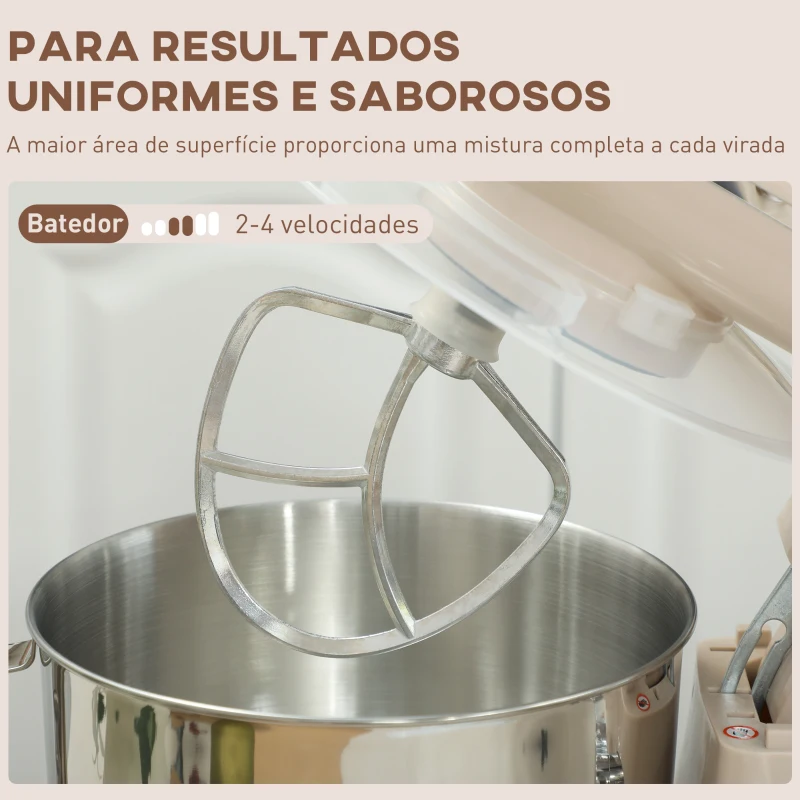 HOMCOM Batedeira Planetária 4,5L 1300W 6 Velocidades Taça de Aço Inoxidável Batedor Gancho Varas Bege