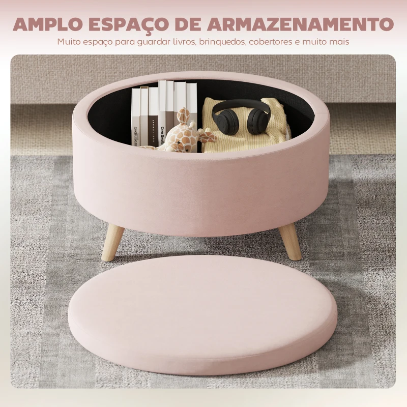 HOMCOM Puff Estofado em Veludo Acolchoado Banco de Armazenamento com Tampa Removível e Pés de Madeira 71x51,5x42 cm Rosa