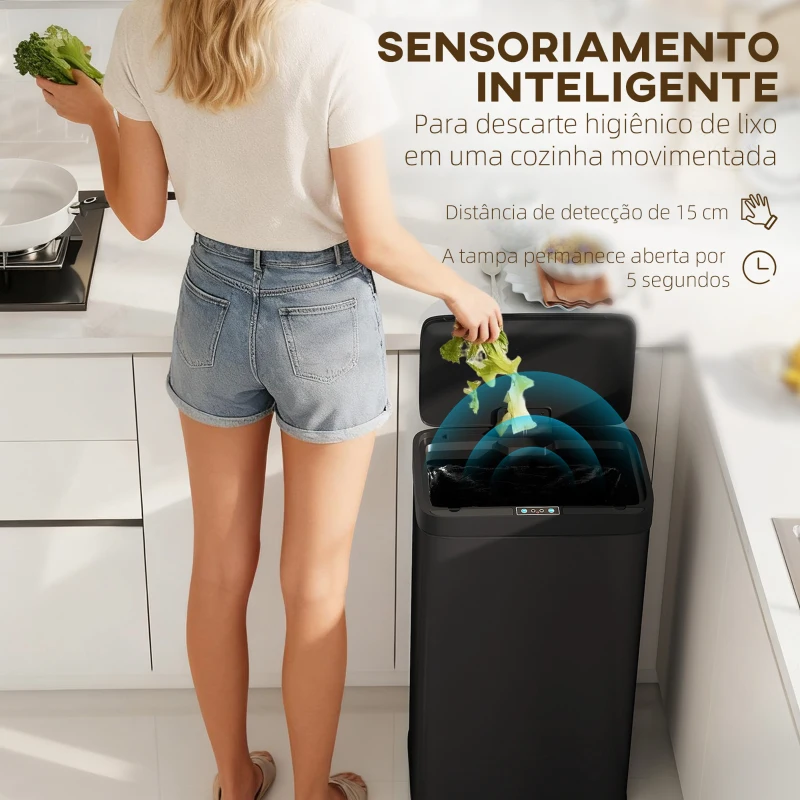 HOMCOM Balde do Lixo de Cozinha Automático 45 L com Sensor Infravermelho Fecho Suave 38x25,5x67,5 cm Preto