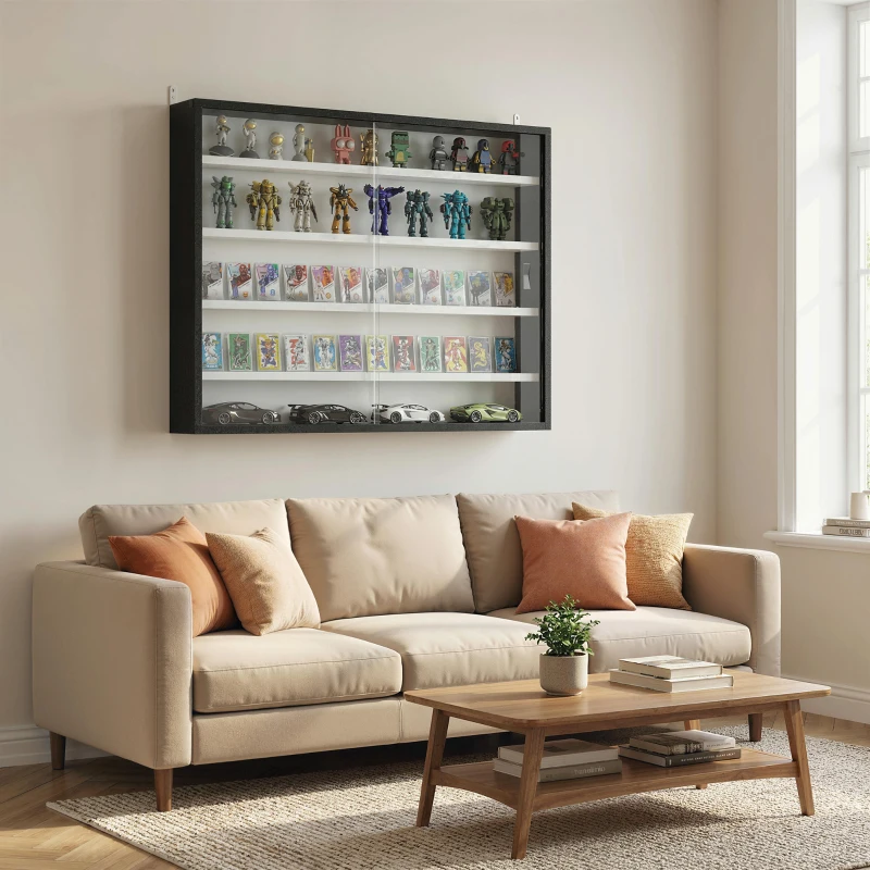 HOMCOM 5-Tier Wall Display Cabinet,  Wall Mounted Display Case w/ 4 Adjustable Shelves, Glass Doors, 60x80cm, Black and White