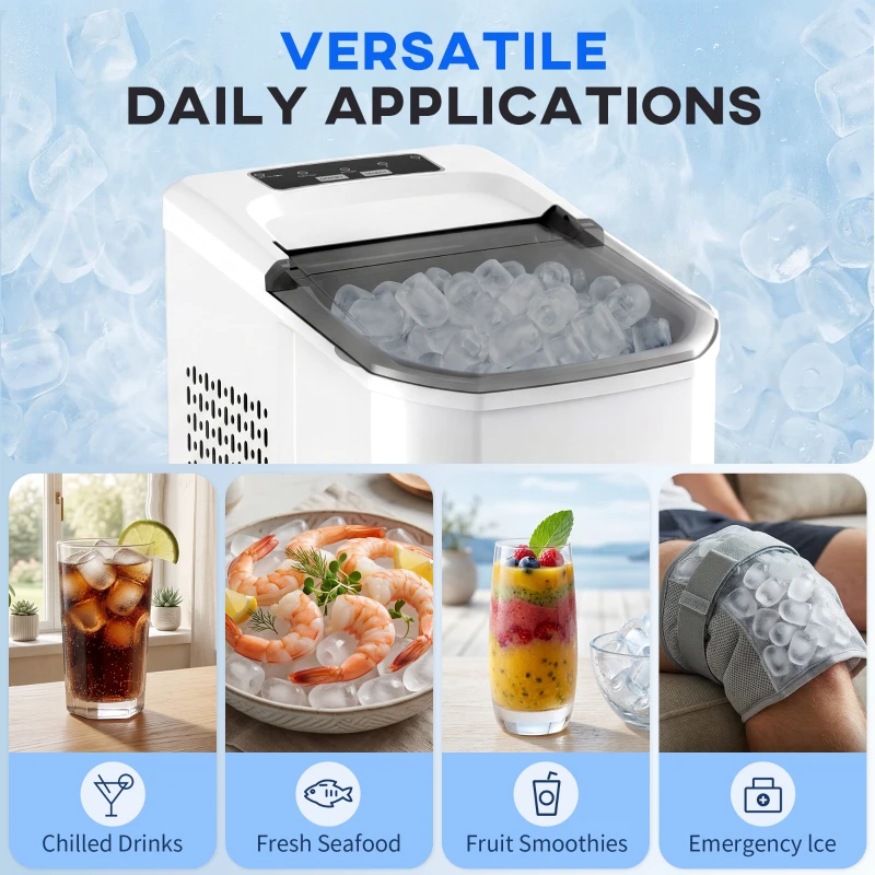 HOMCOM Mașină de Gheață cu Curățare Automată 12 kg/24H 9 Cuburi Gata în 7 Minute 2 Mărimi de Gheață 1,5L Rezervor Alb