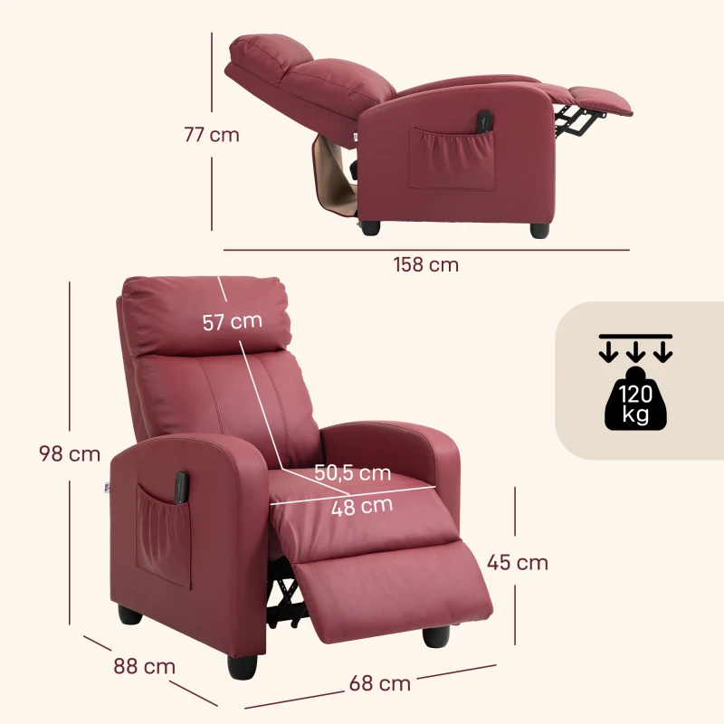 HOMCOM Poltrona de Massagem Reclinável com 2 Zonas de Massagem 8 Programas e 5 Níveis de Intensidade 68x88x98 cm Borgonha