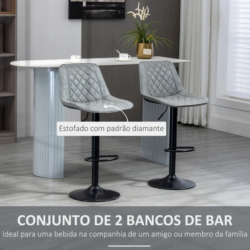 HOMCOM Conjunto de Bancos de Bar Estofados em PU Bancos Altos de Sala de Jantar com Altura Ajustável 46,5x51x86-106 cm Cinzento