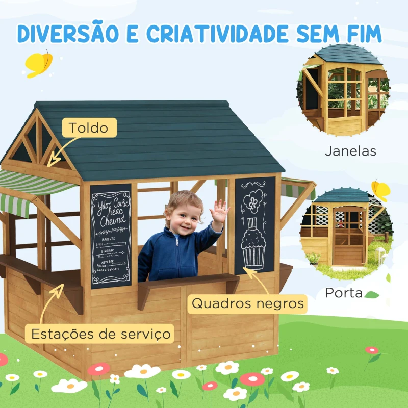 AIYAPLAY Casinha Infantil de Madeira Dobrável Casinha de Brincar com 2 Ardósias Janelas e Toldos Casinha de Madeira para Crianças 173x117x144 cm Madeira