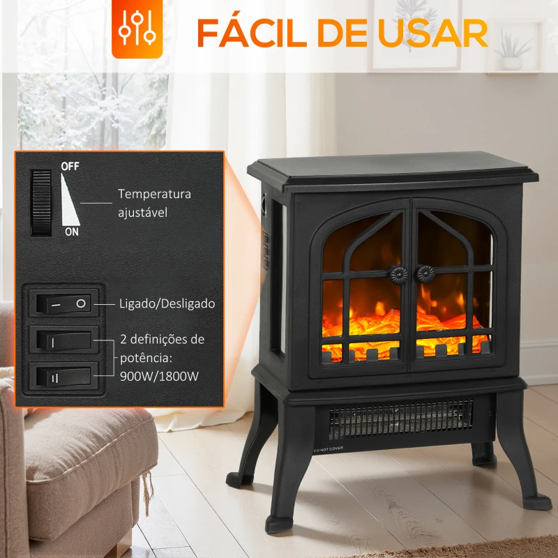 HOMCOM Lareira Elétrica 900/1800W com Efeito Chama 3D 2 Níveis de Potência Termóstato Ajustável  para 15-30 ㎡ 39x24x48 cm Preto