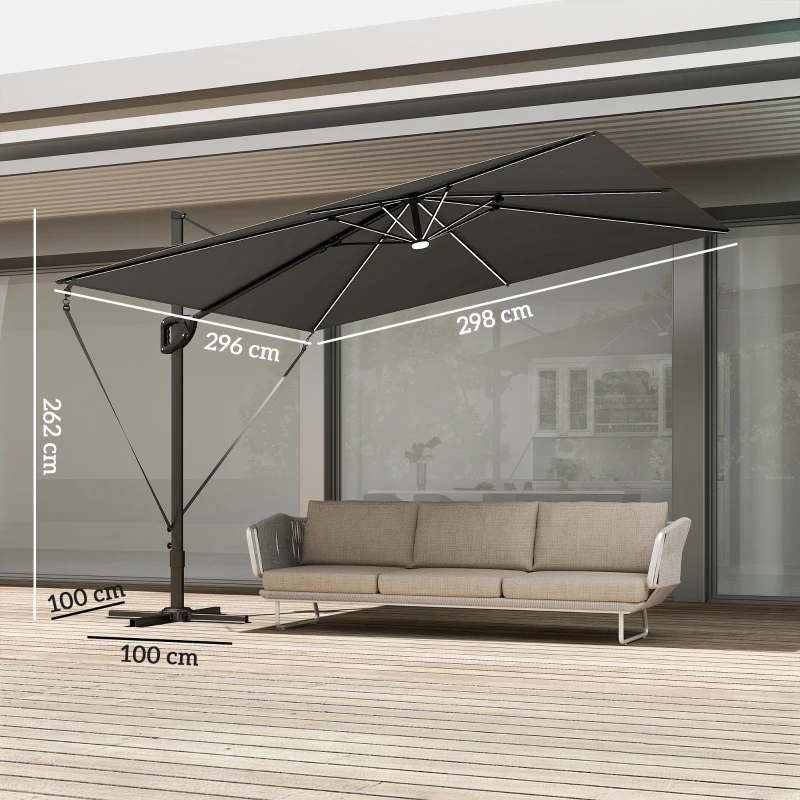 Outsunny 3 x 3 m Garden Cantilever Parasol w/ Light, Cover, UPF50+ Patio Umbrella w/ Wind Protection, 360° Rotation, Dark Grey