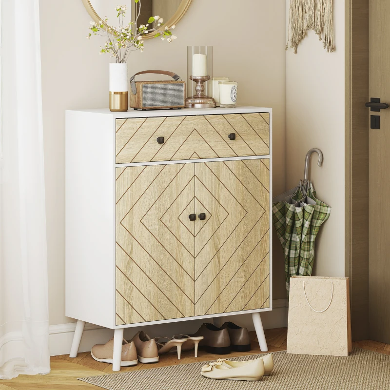 HOMCOM Sapateira de 2 Portas com Design em Espiga Prateleiras Ajustáveis Gaveta para 12 Pares de Sapatos 75x35x97 cm, Branco e Madeira