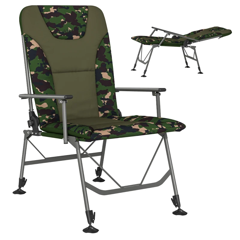 Outsunny Camping Chair Padded Reclining Folding Chair with Wide Armrests for Adults Camouflage
