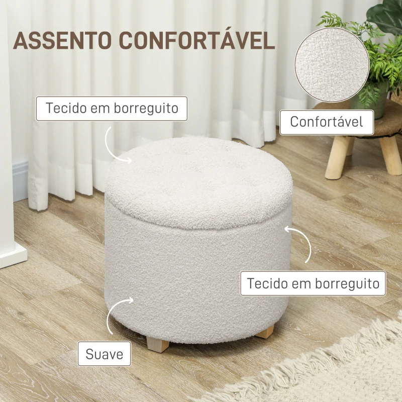 HOMCOM Puff de Armazenamento Banco de Armazenamento Redondo 40,5L 45x45x41 cm Estofado em Borreguito Banco Apoia-Pés Branco