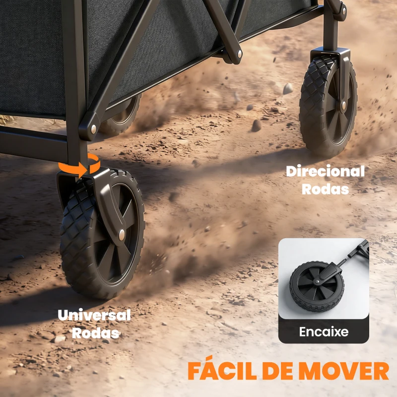 Outsunny Carrinho de Jardim Dobrável com Rodas Cabo Ajustável Carga 68 kg para Camping e Compras 81x45x89 cm Preto