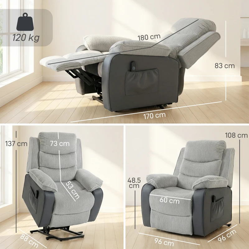HOMCOM Overstuffed Corduroy Electric Lift Recliner Chair - Light Grey