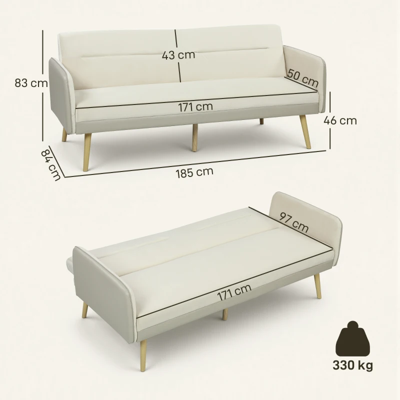 HOMCOM Canapé convertible 3 places 3 en 1, canapé-lit clic-clac, dossier réglable, assise rembourrée, 185 x 84 x 83 cm, beige
