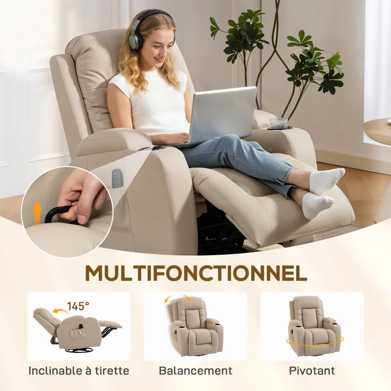 HOMCOM Fauteuil inclinable de massage et chauffage, fauteuil de relaxation, dossier réglable, pivotant 360°, 82x99x103cm, crème