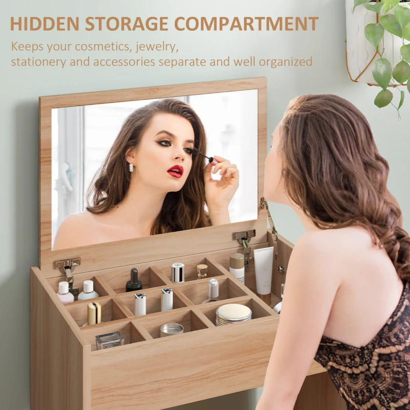 HOMCOM Dressing Table with Mirror and Stool, Vanity Makeup Table with Flip Up Mirror, Vanity Desk with Storage Unit and Padded Seat, Wood