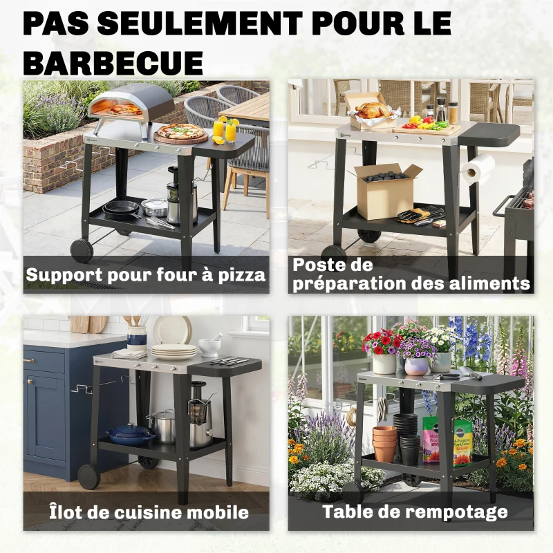 Outsunny Desserte Jardin 2 Niveaux Plateau en Inox avec Table Latérale Pliable et Roulettes, 115x67,5x80,5cm, Noir