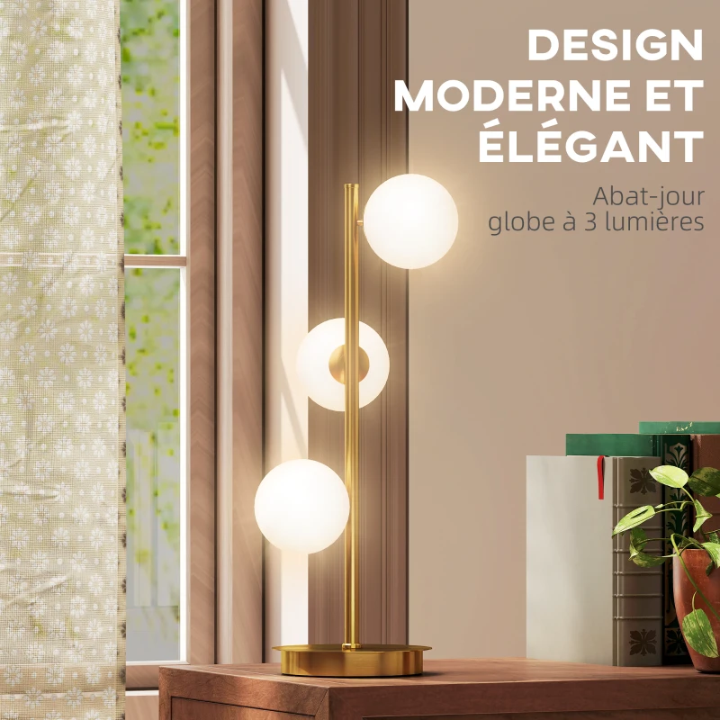 HOMCOM Lampe de chevet avec 3 abat-jours globe, lampe de table moderne avec base en acier et douilles G9, 53H cm, ton laiton