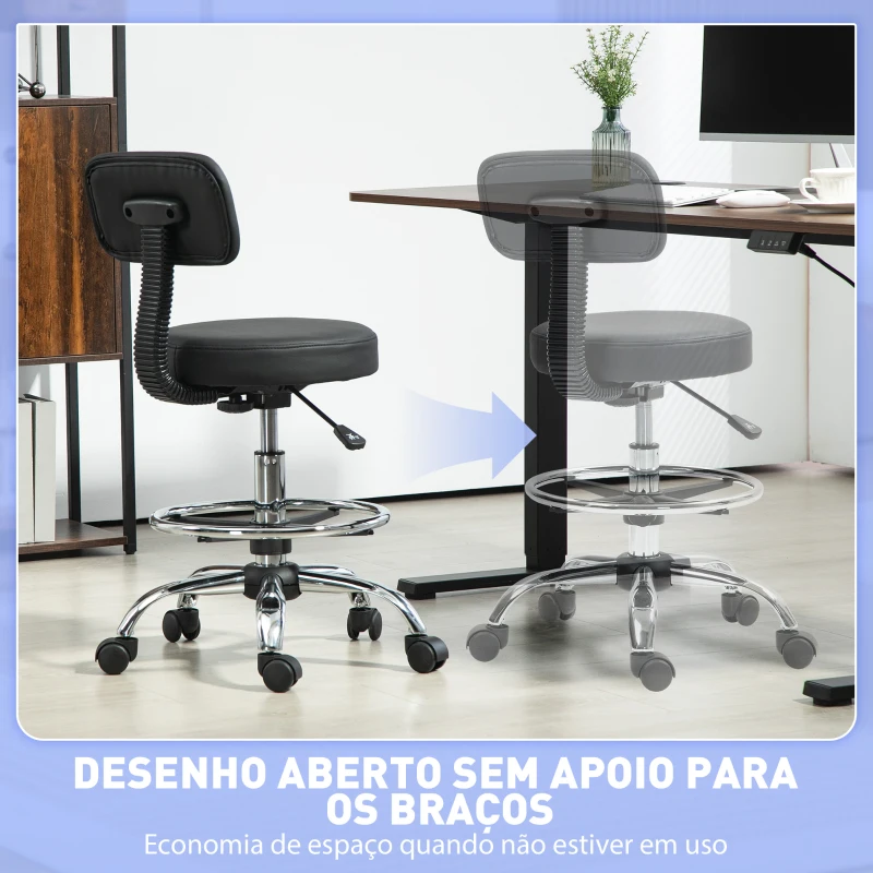 HOMCOM Banco Giratório com Rodas e Encosto Apoio para Pés Altura Ajustável Estofado em Couro Sintético 52x52x78-92 cm Preto