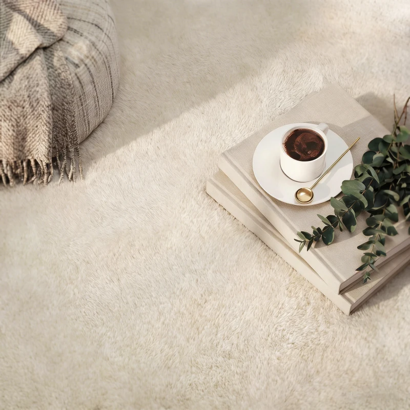 HOMCOM Tapete para Sala de Estar 120x160 cm Tapete Lavável à Máquina Pelo Longo Macio Estilo Moderno Creme