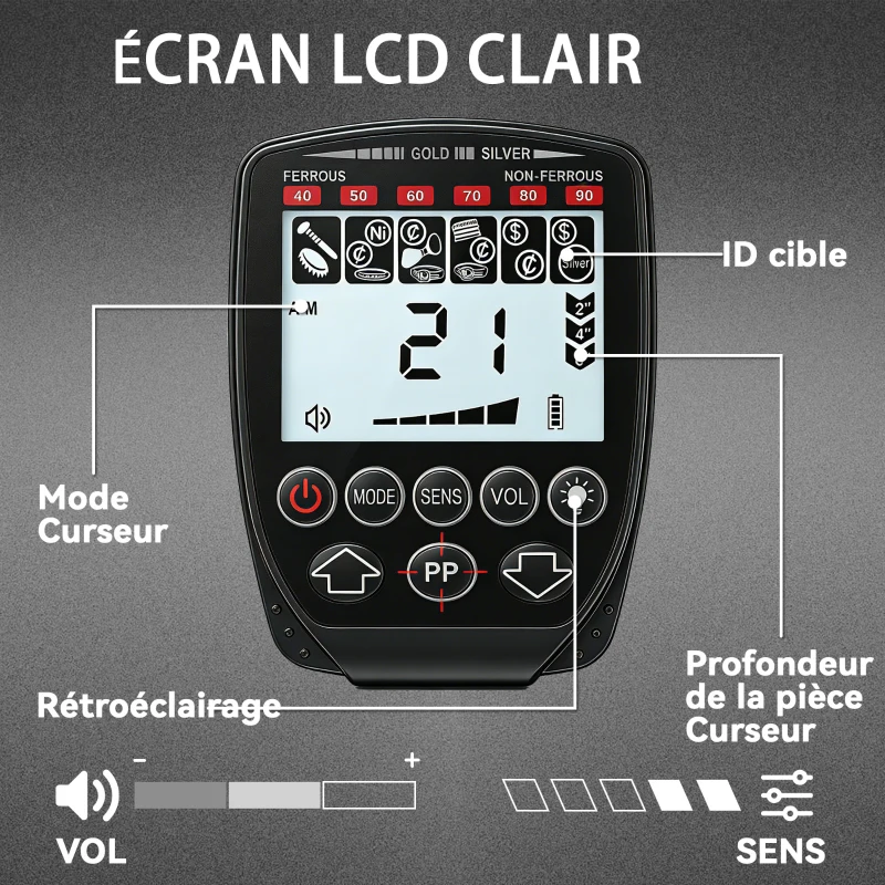 Outsunny Détecteur de Métaux, Bobine Étanche IP68 avec Écran LCD, 4 Modes, Haute Précision Hauteur Réglable, 139x26x30cm, Noir