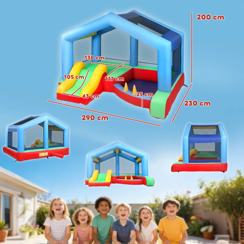 AIYAPLAY Château gonflable 4 en 1, aire de jeux avec souffleur, toboggan, piscine à balles, jeu de lancer d'anneaux, multicolore