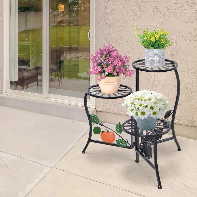 Outsunny Étagère à Fleurs Supports de Pots Porte Plante en métal à 3 Niveaux élégant Pliable intérieur/extérieur pour Maison Balcon Jardin Terrasse dim. 64L x 45l x 56H cm Noir