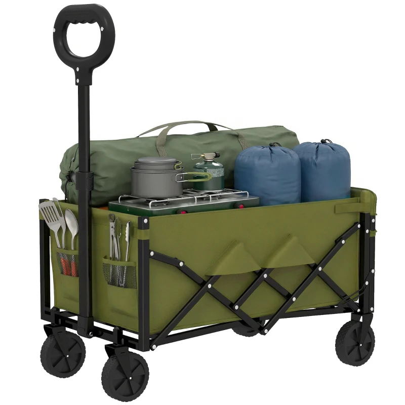Outsunny 60L Foldable Festival Trolley on Wheels, Collapsible Wagon Cart with Drop-Down Tailgate, Adjustable Handle, Green