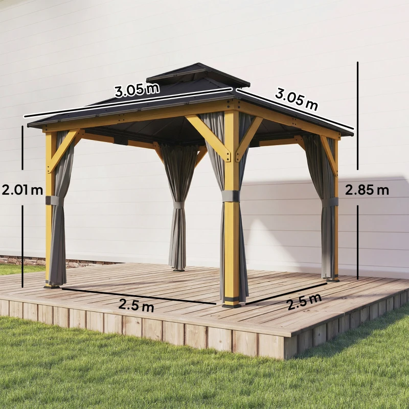Outsunny 3 x 3 m Outdoor Hardtop Gazebo Canopy with 2-Tier Steel Roof, Wood Garden Gazebo with Curtains, Grey