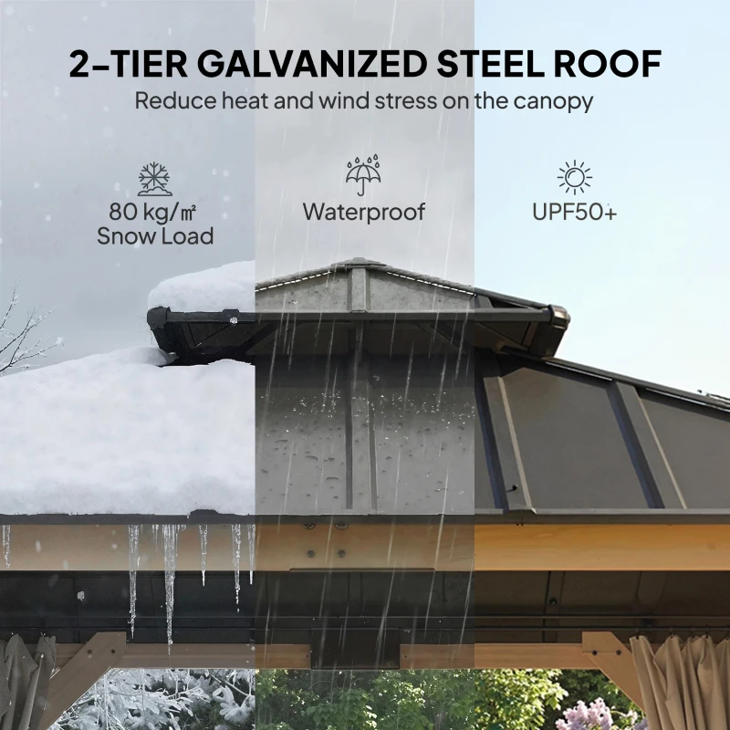 Outsunny 3 x 3 m Outdoor Hardtop Gazebo Canopy with 2-Tier Steel Roof, Wood Garden Gazebo with Curtains, Grey