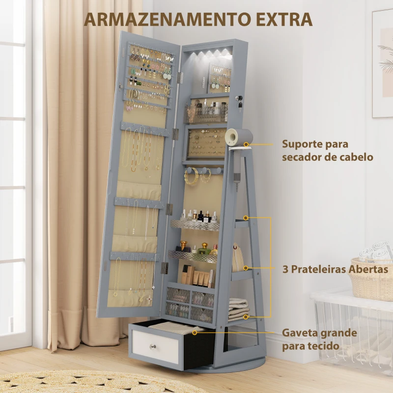 HOMCOM Espelho de Pé Giratório 360° com Espelho com Interior Iluminado Organizador de Jóias com Prateleiras e Gavetas 56x56x164