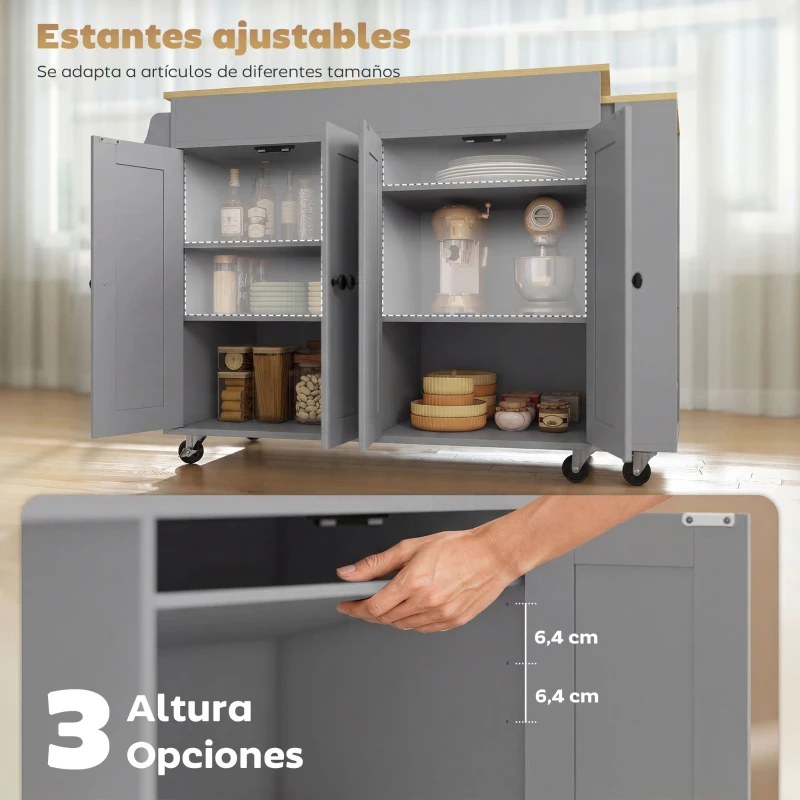 HOMCOM Isla de Cocina con Ruedas Encimera Extensible 4 Puertas Estantes Ajustables Especiero y Soporte para Toallas Gris