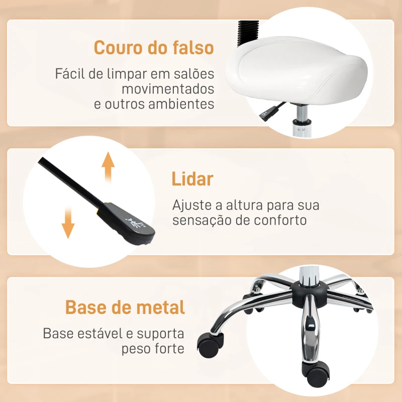 HOMCOM Banco Giratório Rodas e Encosto Amovível Banco de Trabalho com Altura Regulável 83-98 cm Assento Estofado em Couro Sintético Branco
