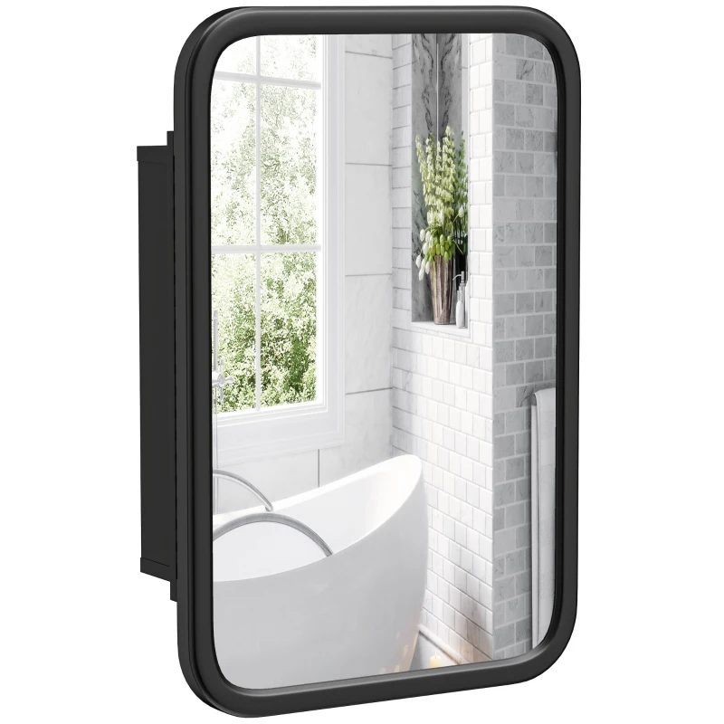 HOMCOM Bathroom Wall Cabinet with Tempered Mirror Metal Bathroom Mirror Cabinet with 3 Shelves Black