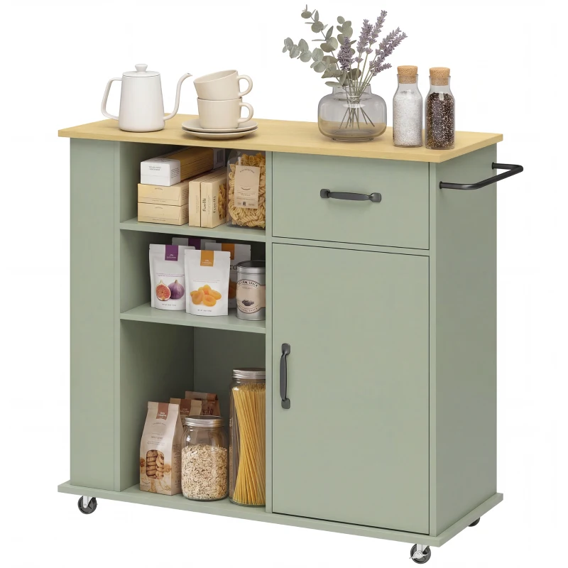 HOMCOM Carrito de cocina con ruedas, isla central de cocina con cajón, puerta, compartimentos abiertos y porta-especias, verde