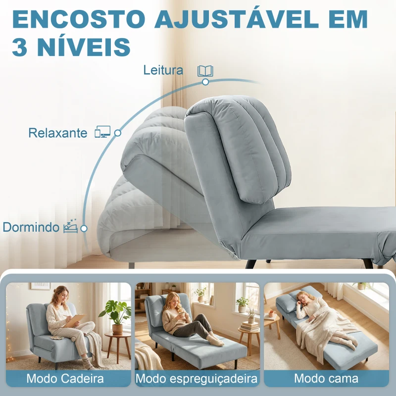 HOMCOM Sofá-Cama Individual 3 em 1 Dobrável com Encosto Ajustável e Almofada Espessa para Sala 72x88x87 cm Cinzento