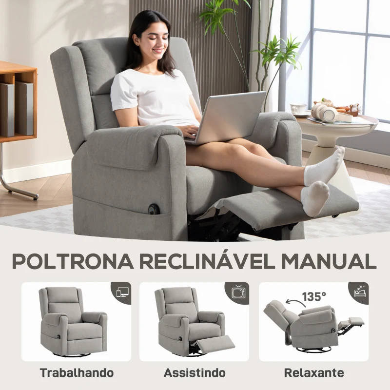 HOMCOM Poltrona Relax Reclinável Elétrica Giratória e Basculante com Apoio para os Pés Ajustável Controlo Remoto 86x89x99 cm Cinzento Claro