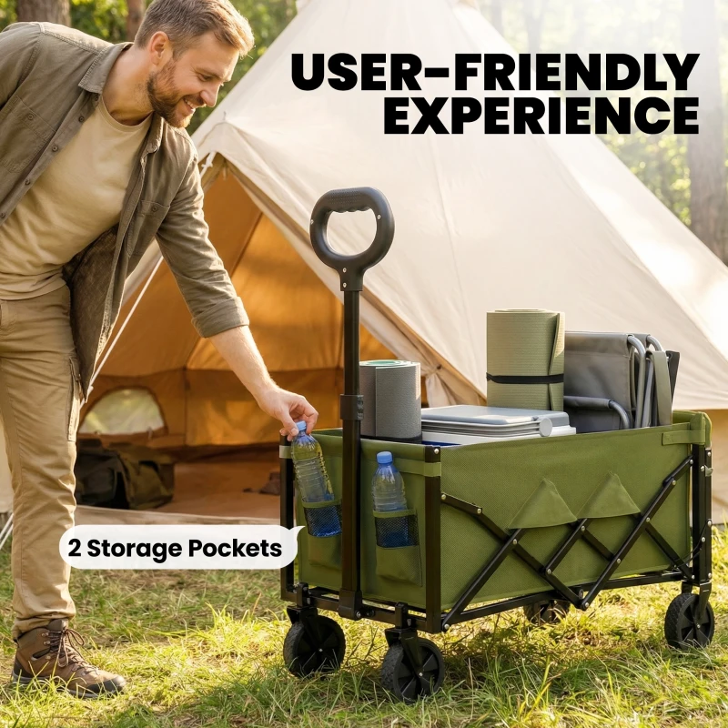 Outsunny 60L Foldable Festival Trolley on Wheels, Collapsible Wagon Cart with Drop-Down Tailgate, Adjustable Handle, Green