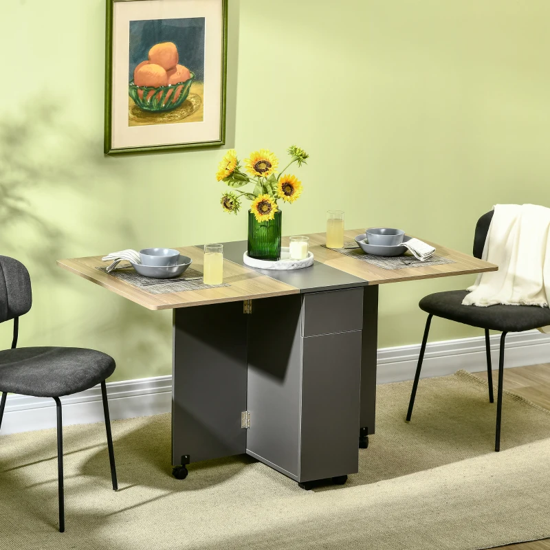 HOMCOM Table de salle à manger pliante sur roulettes avec rangement 2 tiroirs et 1 placard 76 x 140 x 74 cm